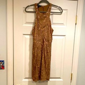 bebe sequined dress. Super chic!  Fully lined to knee. Zip back. Golden tan